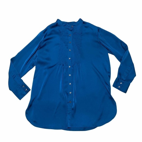 KENNETH Cole REACTION Solid Blue Pleated Yoke Long Sleeve Button Down Blouse - Picture 5 of 12